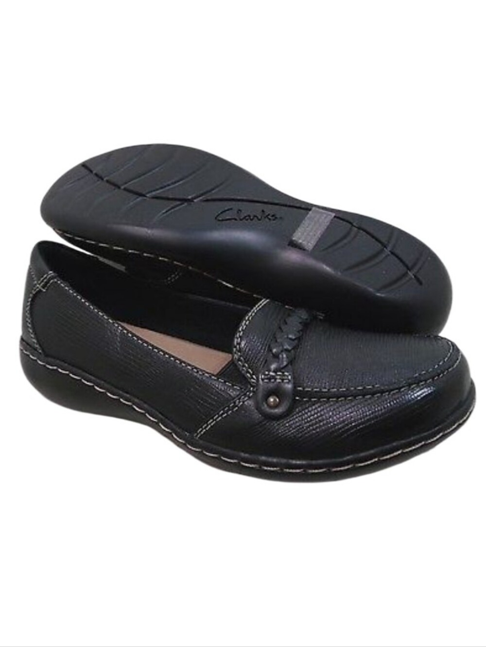 Clarks Bendables Ashland Step Slip-On Contrast Stitching Leather Wedge Loafers